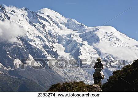 Picture - Summer hiking above Chamonix-Mont Blanc valley, with Mont Blanc mountain in background; France. Fotosearch