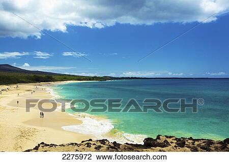 Stock Image - Sunbathers, swimmers and surfers on a hawaiian beach; Hawaii, United States of America. Fotosearch