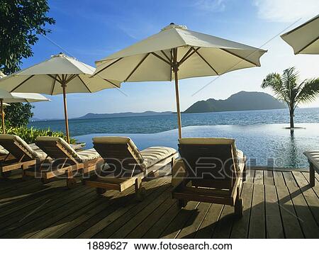 Stock Photo - Sunchairs On Deck With Umbrellas. Fotosearch