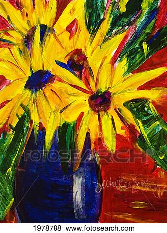 Stock Photo - Sunny Flowers, Yellow Flower Arrangement In Vase (Acrylic On Canvas).. Fotosearch