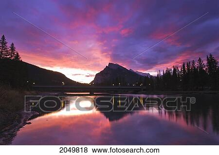 Sunrise Over Bow River, Banff Townsite, Banff National Park, Alberta View Large Photo Image Stock Photo - Sunrise Over Bow River, Banff Townsite, Banff National Park, Alberta. Fotosearch