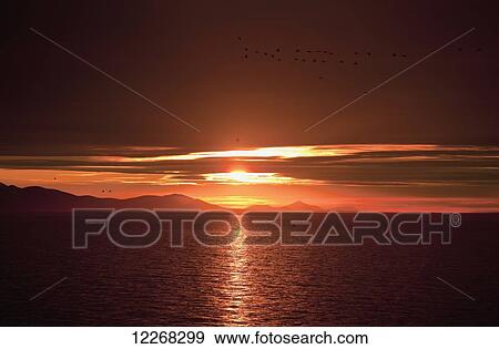 Stock Photo - Sunrise over Bristol Bay and Ahklun Mountains, Togiak National Wildlife Refuge and Walrus Islands State Game Sanctuary, Round Island, Bristol Bay, Western Alaska, USA.. Fotosearch