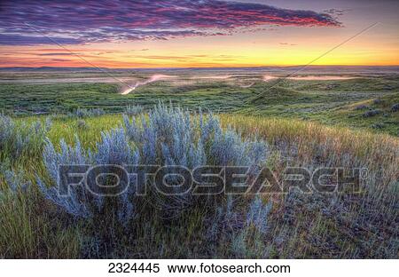 Stock Photography - Sunrise over the Frenchman River Valley in Grasslands National Park; Saskatchewan, Canada. Fotosearch