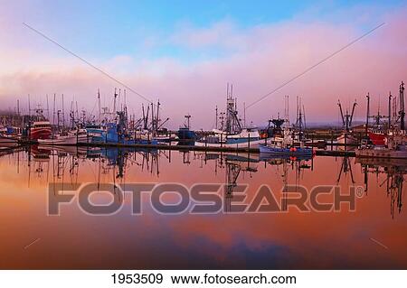 Stock Photo - Sunrise Through The Morning Fog And Fishing Boats In Newport Harbor; Newport Oregon United States Of America. Fotosearch
