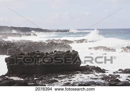 Surf By The Volcanic Beach At Hanga Poukura, Rapa Nui (Easter Island), Chile View Large Photo Image Picture - Surf By The Volcanic Beach At Hanga Poukura, Rapa Nui (Easter Island), Chile. Fotosearch