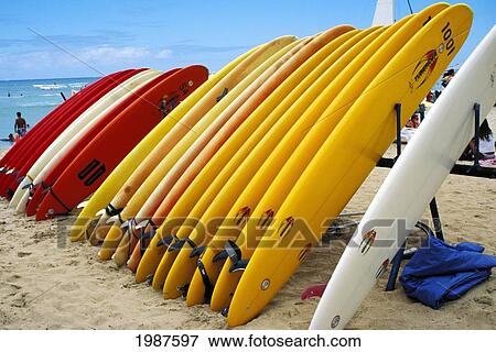 Stock Photo - Surfboards Of Different Lengths And Colors Lined Up On A Rack. Fotosearch