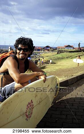 Stock Photography - Surfer, Hanga Roa, Easter Islands, Rapa Nui.. Fotosearch