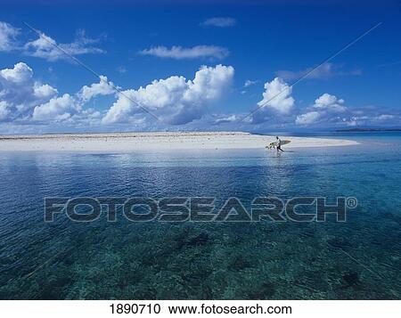 Stock Image - Surfer Walking With Dog On Tropical Island. Fotosearch