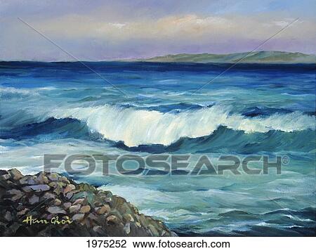 Stock Image - Surge, Wave Curling Near Shore (Oil Painting).. Fotosearch