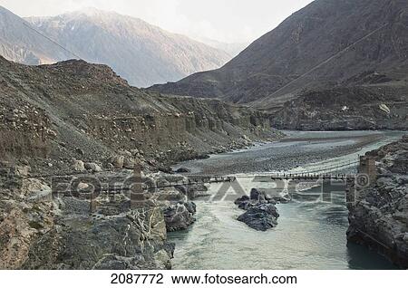 Stock Image - Suspension Bridge Over The Indus River Gorge, Skardu, Northern Areas, Pakistan. Fotosearch
