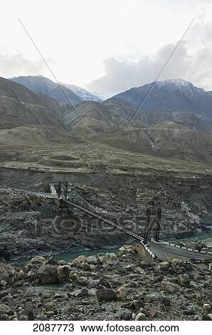 Stock Image - Suspension Bridge Over The Indus River Gorge, Skardu, Northern Areas, Pakistan. Fotosearch