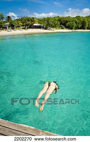 Stock Image - Swimming In Cotton House Beach In Mustique Island, St Vincent And The Grenadines, West Indies. Fotosearch