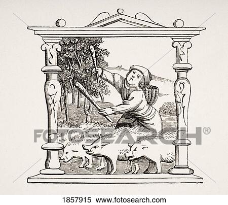 Stock Photography - Swineherd With His Herd Of Pigs. 19Th Century Reproduction From Calendar In A Book Of Hours. Fotosearch