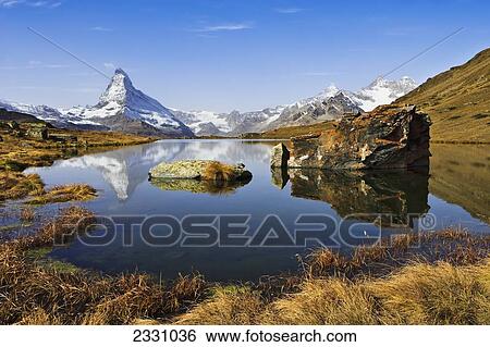 Stock Photograph - Switzerland, Stellisee lake and Matterhorn; Valais. Fotosearch
