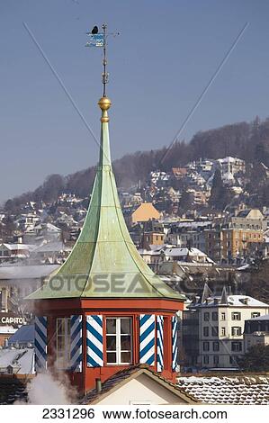 Stock Photograph - Switzerland, Tower against clear sky; Zurich. Fotosearch