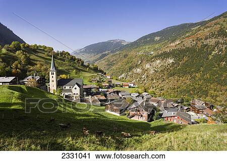 Stock Image - Switzerland, Valais, View of village; Grengois Village. Fotosearch