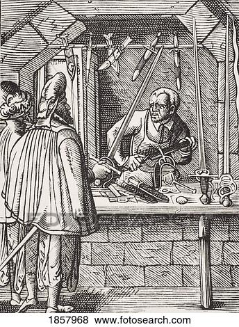 Sword Maker. 19Th Century Reproduction Of 16Th Century Woodcut By Jost Amman View Large Photo Image Stock Photo - Sword Maker. 19Th Century Reproduction Of 16Th Century Woodcut By Jost Amman. Fotosearch