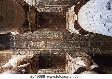 Stock Photograph - Symbolic Chart Of The Heavens Painted On The Ceiling And Columns With Hathor Capitals In The Outer Hypostyle Hall Of The Temple Of Hathor, Dendera, Qina, Egypt. Fotosearch