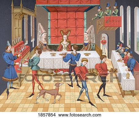 Picture - Table Service Of A Lady Of Quality. 19Th Century Reproduction Of 15Th Century Miniature From Romance Of Renaud De Montauban. Fotosearch