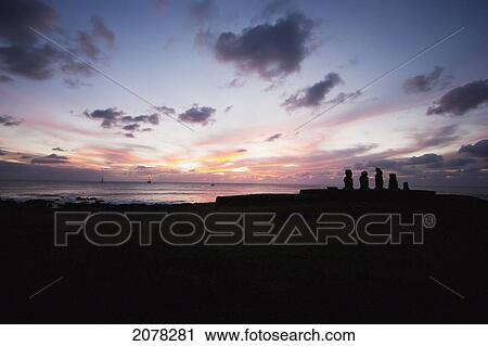 Stock Image - Tahai Ceremonial Complex At Sunset, Rapa Nui (Easter Island), Chile. Fotosearch
