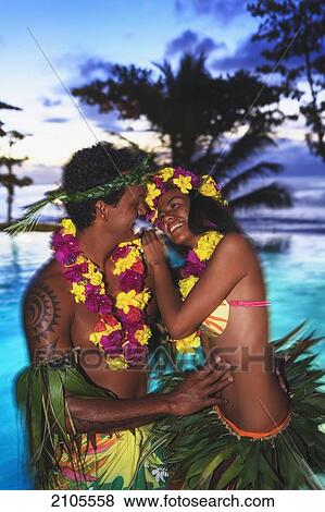 Stock Photo - Tahitian Couple In Traditional Tamure Dance Outfits Arue Near Papeete; Tahiti Nui Society Islands French Polynesia South Pacific. Fotosearch