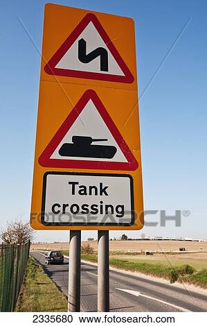 Stock Image - Tank Crossing Road Sign On Salisbury Plain, Along A360 Road Near Tilshead Village; Wiltshire, England, Uk. Fotosearch