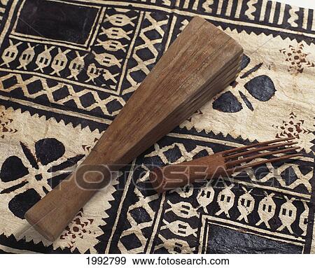 Stock Photo - Tapa Cloth With Elaborate Design And Tools Used To Prepare And Design Kapa (I'e Kuku). Fotosearch
