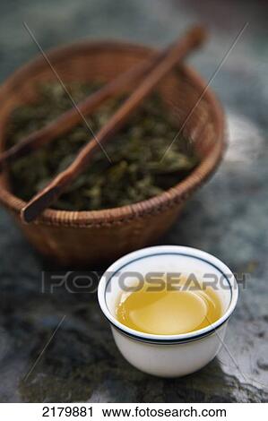 Stock Image - Teacup and loose tea Maokong tea plantation Taipei Taiwan. Fotosearch