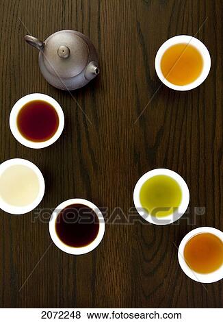 Teapot And Different Types Of Tea In Cups On A Wood Table View Large Photo Image Stock Photo - Teapot And Different Types Of Tea In Cups On A Wood Table. Fotosearch