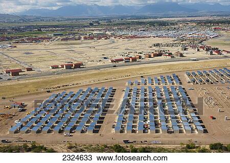 Stock Image - Temporary government housing for incoming migrants; South Africa. Fotosearch