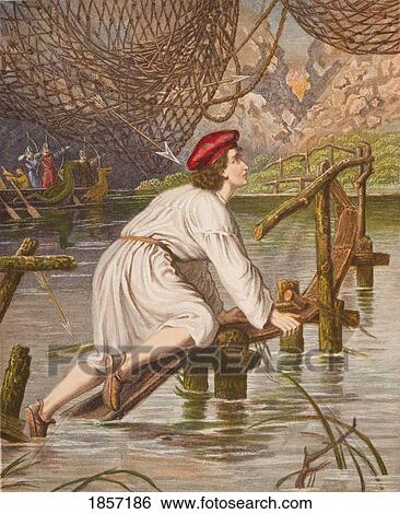 Stock Photograph - Tender Conscience Crossing The Bridge. From The Book The Pilgrim's Progress By John Bunyan, From Late 19Th Century Edition.. Fotosearch