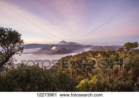 Stock Image - Tengger Caldera with steaming Mount Bromo, Mount Batok and Mount Semeru in the background, seen from the western viewpoint at dawn, Bromo Tengger Semeru National Park, East Java, Indonesia. Fotosearch