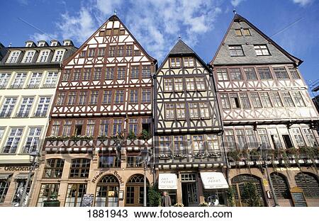 Stock Image - Terraced Half Timbered Buildings In Frankfurt. Fotosearch