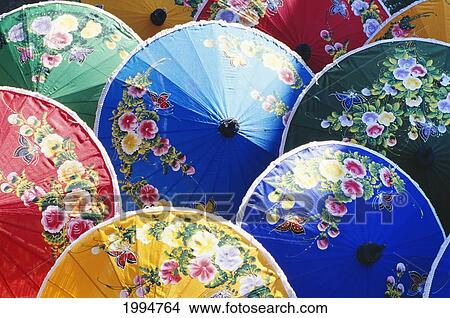 Picture - Thailand, Ayutthaya, Bang Sai Folk Arts And Crafts Village, Hand Painted Umbrellas, Variety Of Colors. Fotosearch
