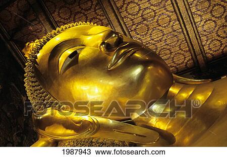 Thailand, Bangkok, Close-Up Of Gold Reclining Buddha Head; Wat Po View Large Photo Image Stock Image - Thailand, Bangkok, Close-Up Of Gold Reclining Buddha Head; Wat Po. Fotosearch