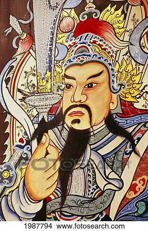 Picture - Thailand, Bangkok, Wat Pho, Closeup Detail Of Handpainted Warrior On Temple Door. Fotosearch