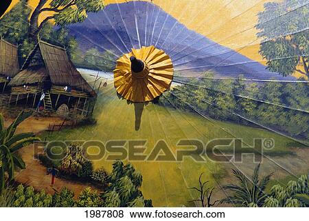 Thailand, Baw Sang, Detailed Scene Painted On Umbrella View Large Photo Image Stock Photo - Thailand, Baw Sang, Detailed Scene Painted On Umbrella. Fotosearch