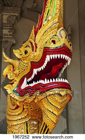 Stock Image - Thailand, Chiang Mai, Dragon Figure At Wat Chedi Luang Wora Wihan Buddhist Temple.. Fotosearch