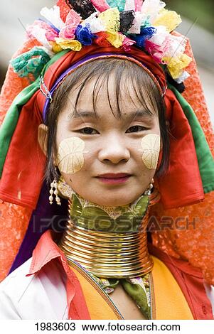 Stock Image - Thailand, Mae Hong Son Province, Ban Huai Sua Tao, Longneck Karen Hilltribe Village, Mawey A Karen Villager.. Fotosearch
