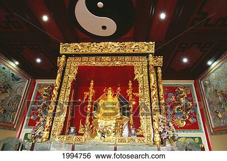 Stock Photograph - Thailand, Pattaya, Vihara Chian, Chinese Temple In Honor Of King, Golden Staues.. Fotosearch