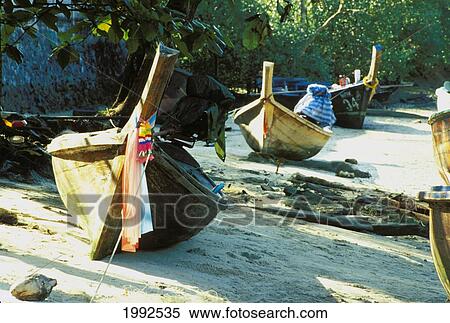 Stock Photography - Thailand, Phuket, Koh Phi Phi, Longtail Boats Docked At Beachshore.. Fotosearch