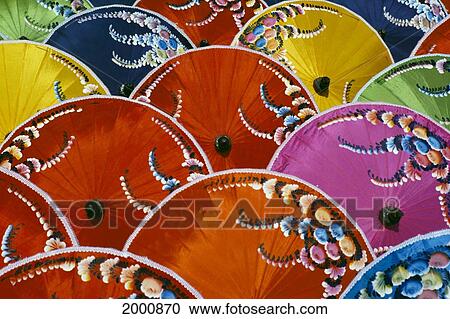 Stock Image - Thailand, Silk Umbrella Factory, Close-Up Of Many Colorful Umbrellas. Fotosearch