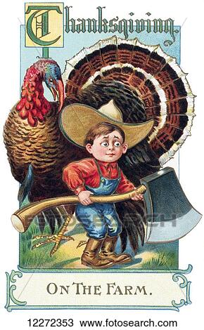 Stock Image - Thanksgiving greeting card with illustration of boy and turkey from 20th century.. Fotosearch