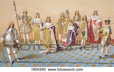 Stock Image - The 12 Years Old King Louis Xv And The Dignitaries Who Attended Him At His Coronation In Reims, France, 1722. From Xviii Siecle Institutions, Usages Et Costumes, Published Paris 1875.. Fotosearch