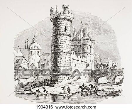 Stock Photograph - The 13Th Century Nesle Tower In Paris, Now Destroyed, Which Was Located On The Left Bank Of The Seine Opposite The Louvre. From Les Artes Au Moyen Age, Published Paris 1873.. Fotosearch