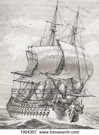 Stock Photo - The 58 Gun Frigate Of The French Navy With Gun Ports Raised And Ready For Battle. From Xviii Siecle Institutions, Usages Et Costumes, Published Paris 1875.. Fotosearch