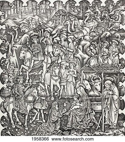 Stock Photograph - The Adoration Of The Magi. After A 15Th Century Work Attributed To Maso Finiguerra. From Military And Religious Life In The Middle Ages By Paul Lacroix Published London Circa 1880.. Fotosearch