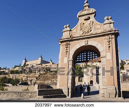 Stock Photo - The Alcantara Bridge And The Alcazar Behind; Toledo Toledo Province Castilla-La Mancha Spain. Fotosearch