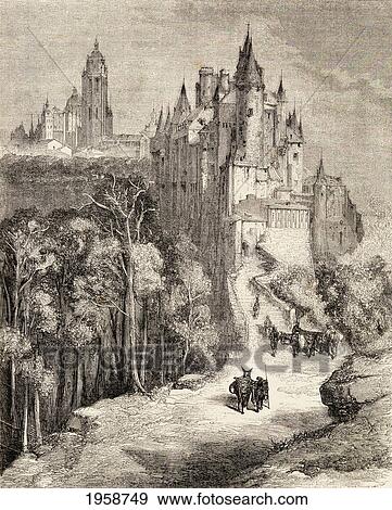 Stock Photo - The Alcazar And Cathedral, Segovia, Spain In The 19Th Century. From El Mundo En La Mano, Published 1878.. Fotosearch