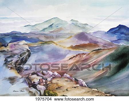 The Apex Of Mountain, Landscape Of Haleakala Crater (Watercolor Painting). View Large Photo Image Picture - The Apex Of Mountain, Landscape Of Haleakala Crater (Watercolor Painting).. Fotosearch